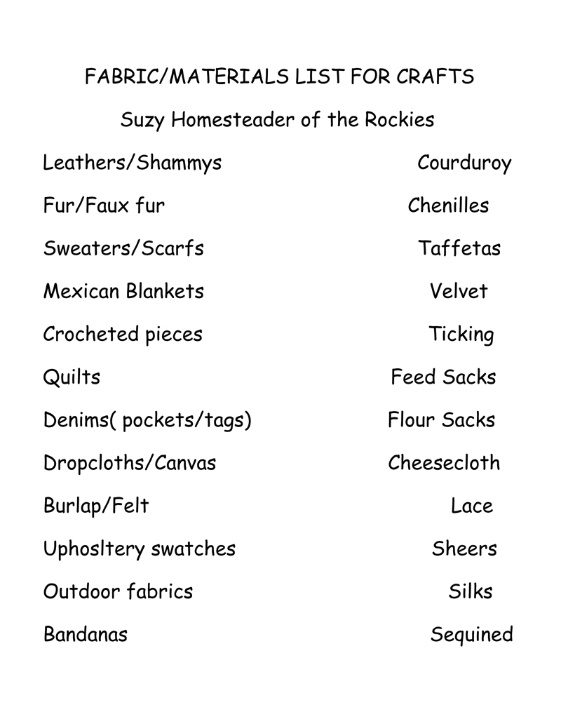 Fabrics and Materials Lists for Crafts