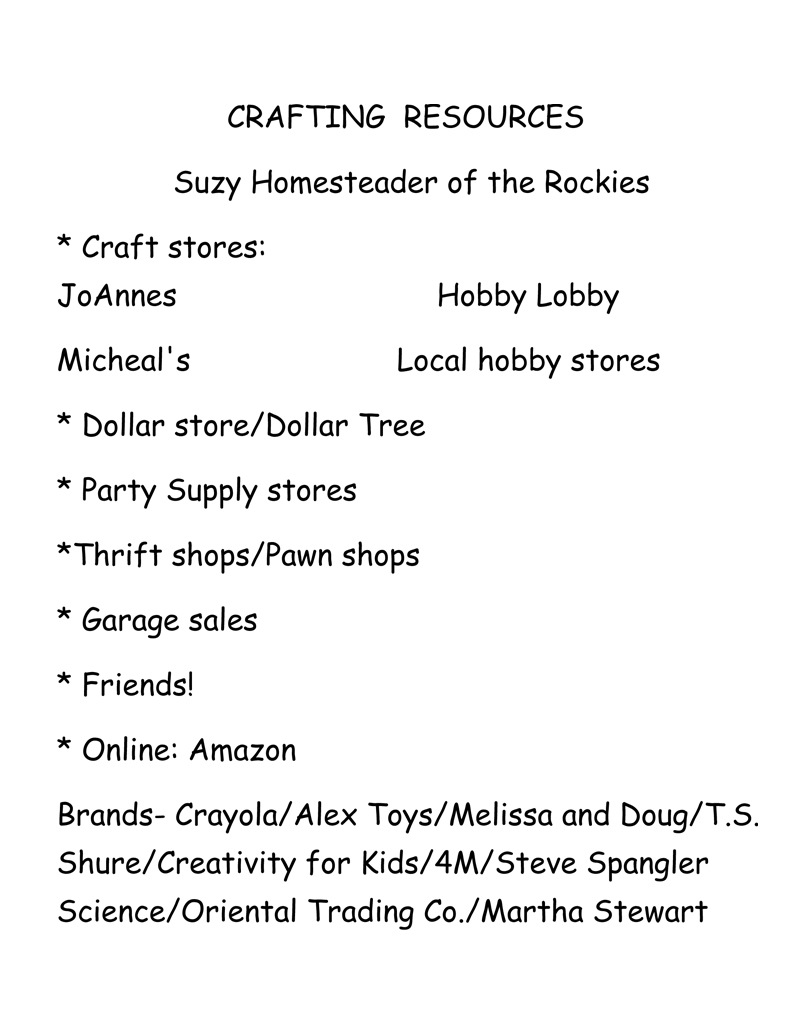 Crafting Resources List