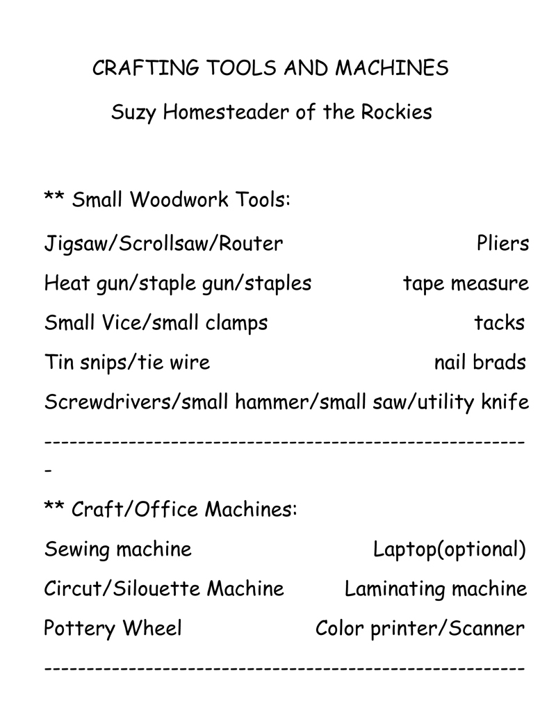 Crafting Tools and Machines List
