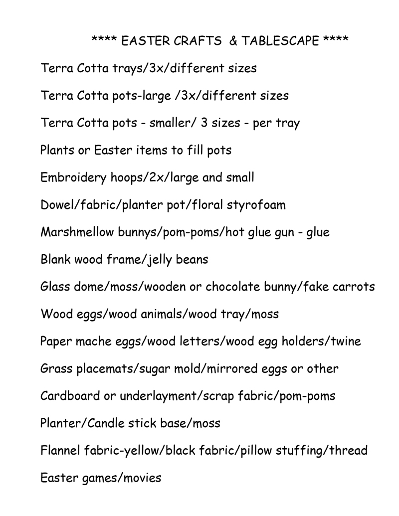 Easter Crafts and Tablescape 
               Supplies List #1