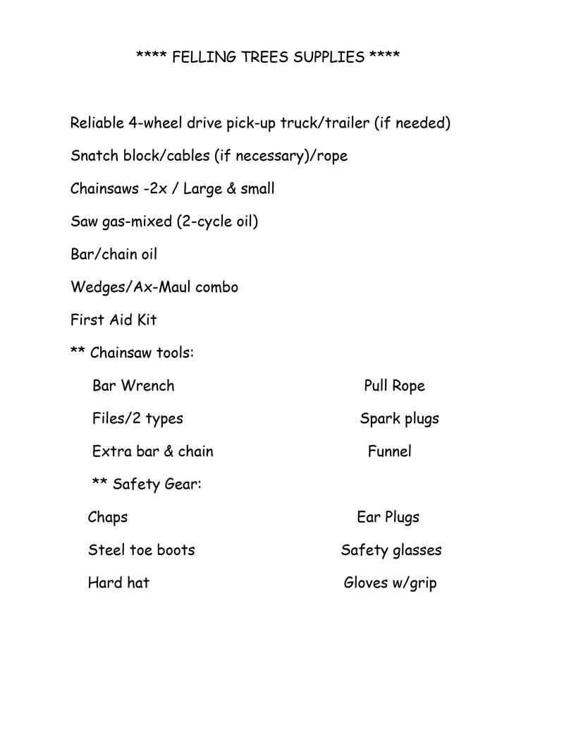 Felling Trees Supplies List