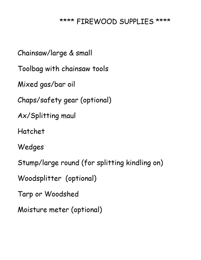 Firewood Supplies List
