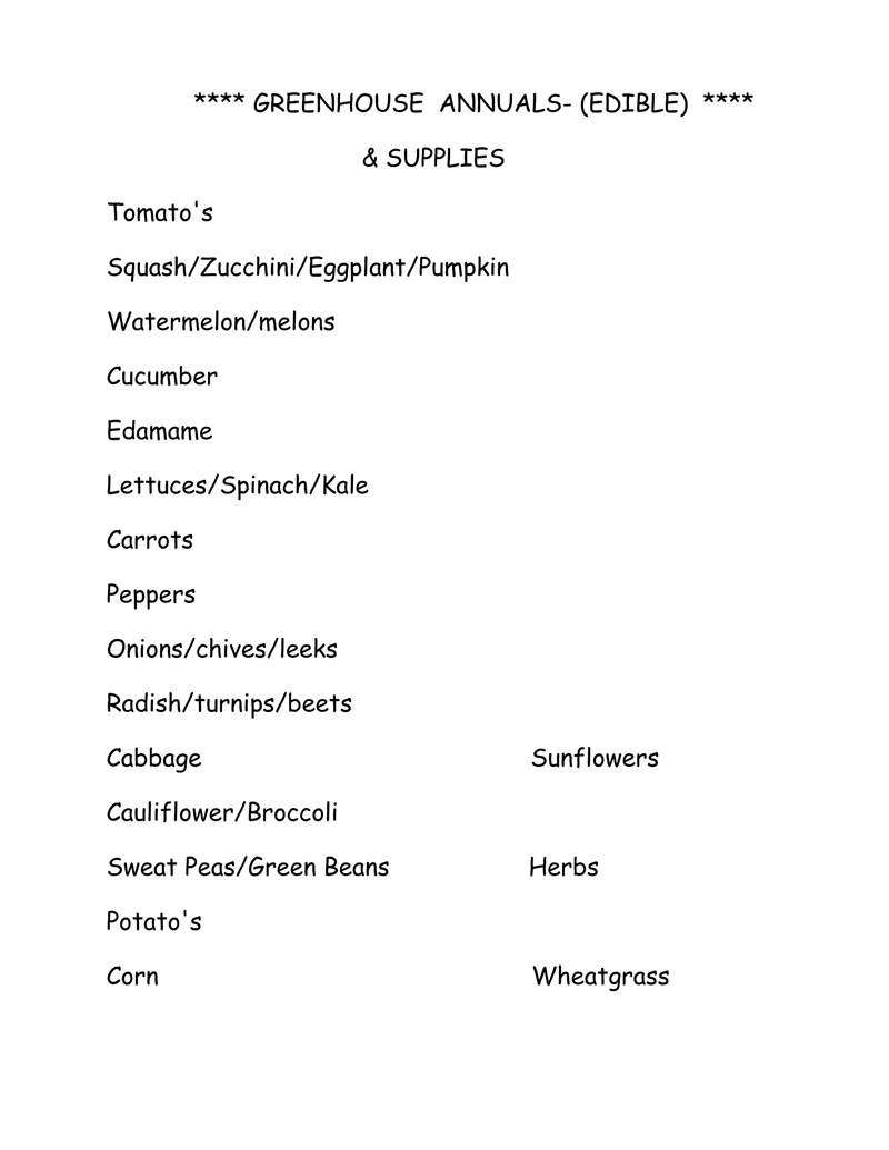 Edible Greenhouse Annuals Supplies List #1