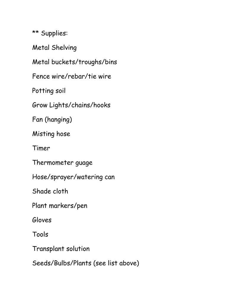 Edible Greenhouse Annuals Supplies List#2