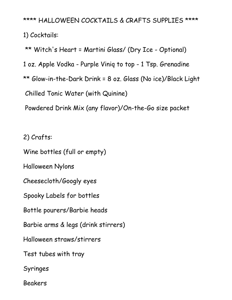 Halloween Cocktails and Crafts Supplies List #1