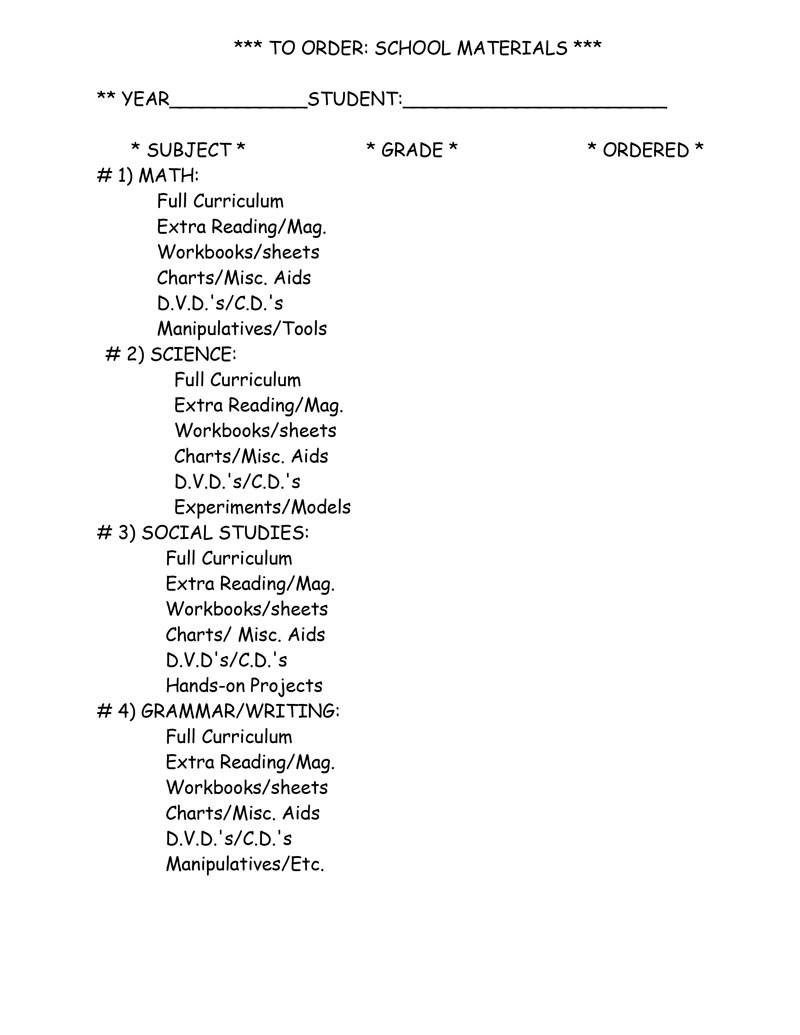 To Order: School Check Off List